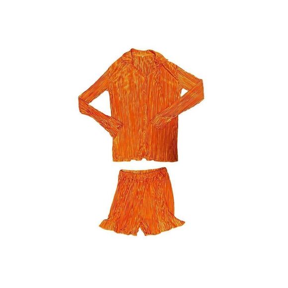 Womens Orange Long Sleeve Button Up with Matching Shorts Set Small - Picture 5 of 8